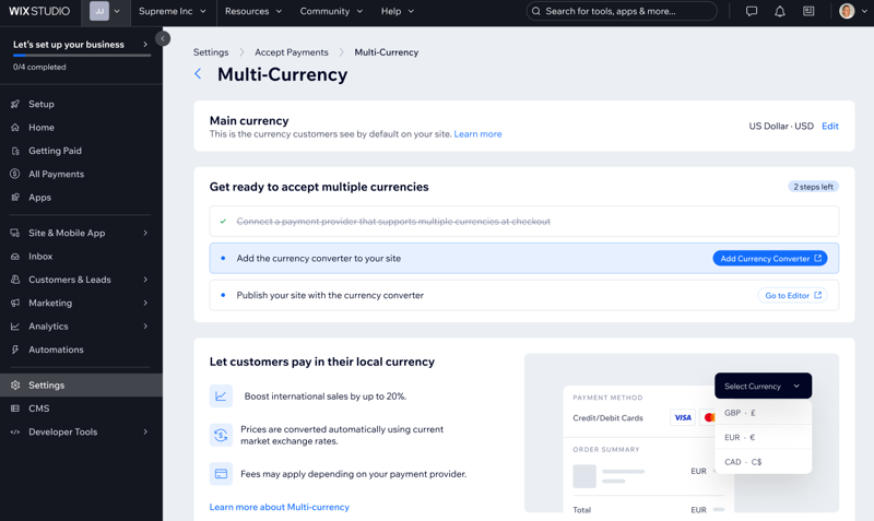 A screenshot showing the set up for multi-currency
