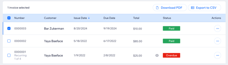 ダウンロードする請求書を選択している様子を示したスクリーンショット。