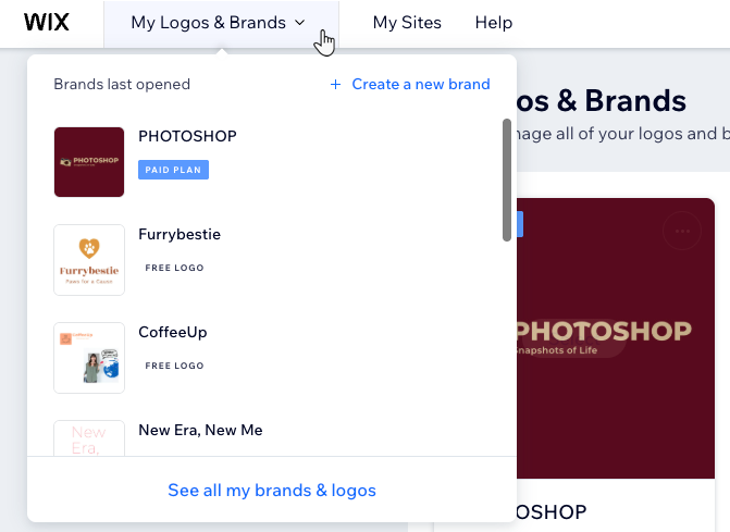 A screenshot of the My Logo and Brands drop-down.