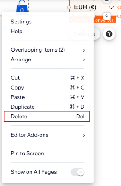 screenshot showing how to delete the currency converter