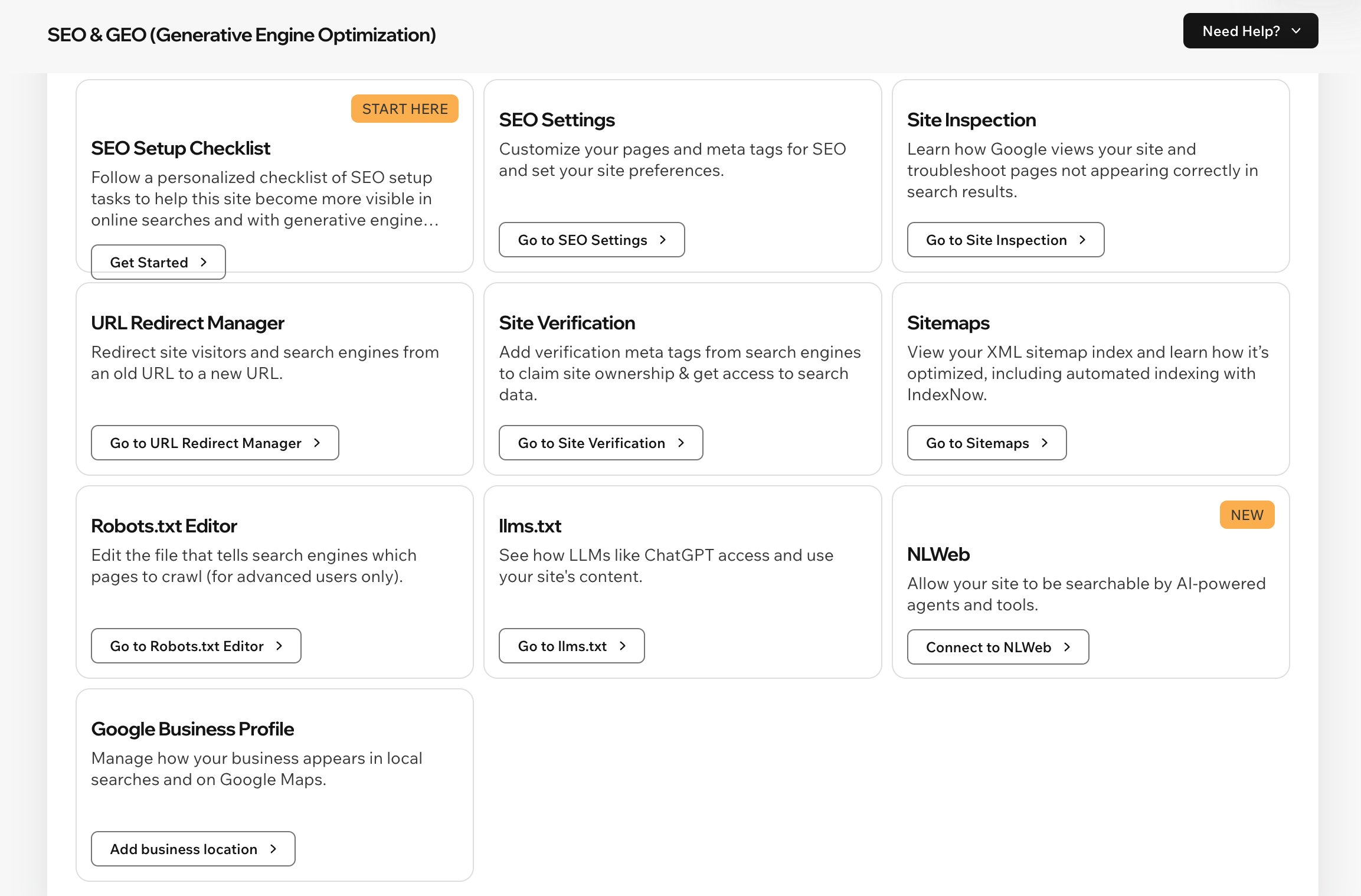 Wix's SEO tools and settings options