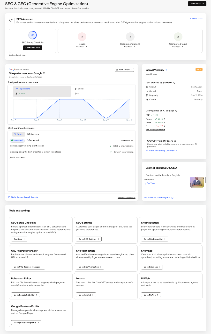 The Search Engine Optimization (SEO) section of your site’s dashboard