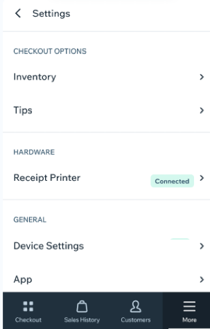 Screenshot of the More tab in the Wix POS Go card reader device.