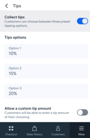Screenshot of the More tab in the Wix POS Go card reader device.