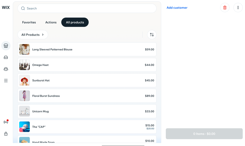 The main screen in the New Wix POS, with tabs above the product list