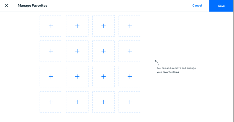 The Favorites setup screen in Wix POS Register