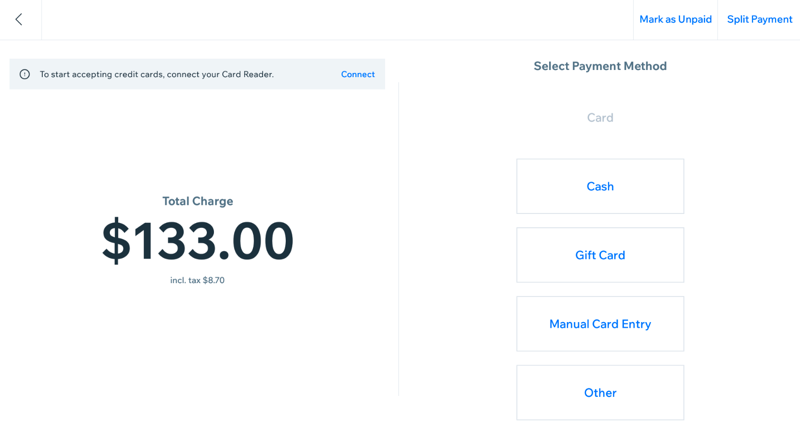 The payment screen in Wix POS Register, with Send Pay Link and Mark as Unpaid options