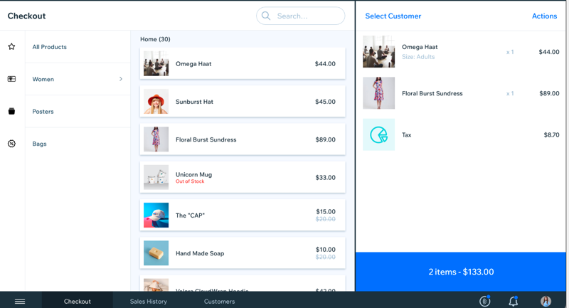 The main screen in Wix POS Register, with a labeled menu on the left