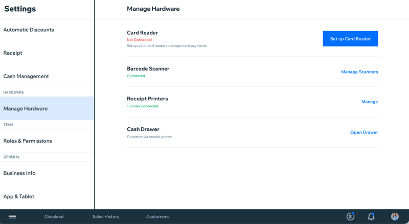 The hardware settings screen in Wix POS Register