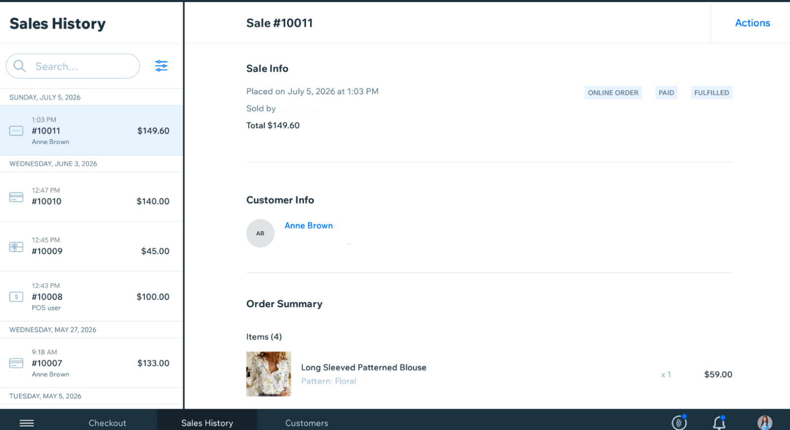 A customer profile in Wix POS Register, split into tabs