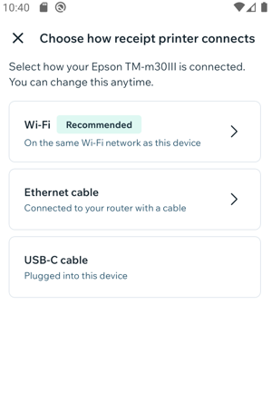Screenshot of selecting a printer to connect to the Wix POS Go.