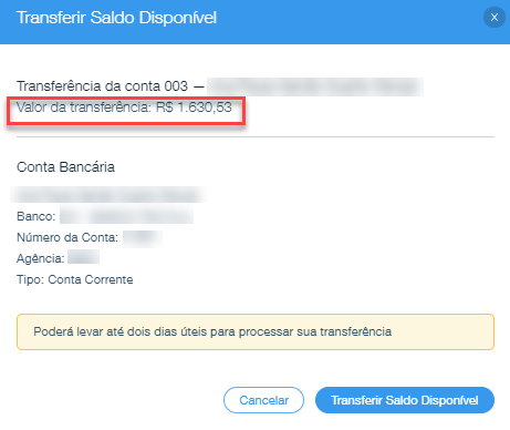 Pop-up destacando o valor da transferência