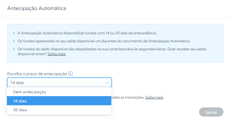 Captura de tela da página Antecipação automática. O dropdown com os prazos de antecipação está aberto.