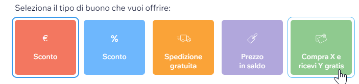 Screenshot dei tipi di buoni che puoi creare, con il buono Compra X e ricevi Y gratis selezionato