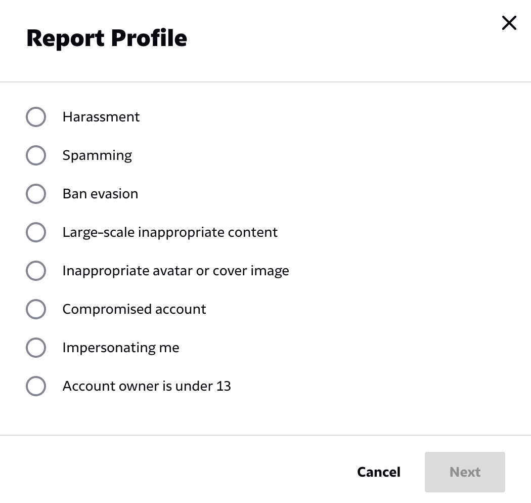 a picture of the reporting interface, with such options as reporting for harassment, spamming, and so on.