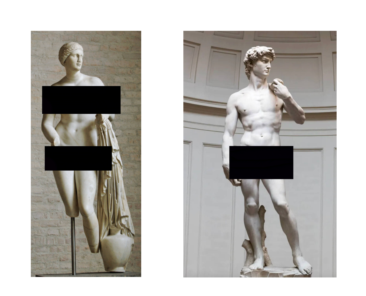 Censored version of Praxiteles' Aphrodite of Knidos and Michaelangelo's David