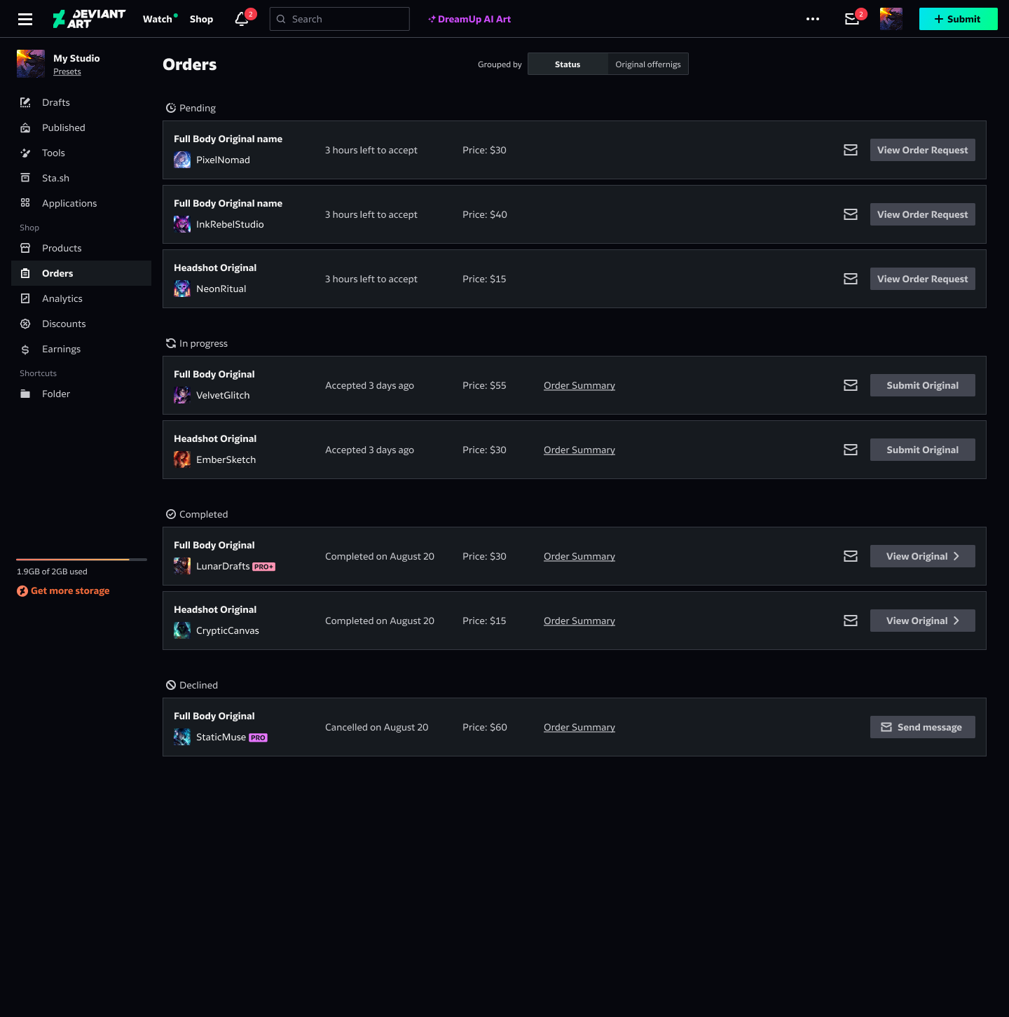 Originals order management system view