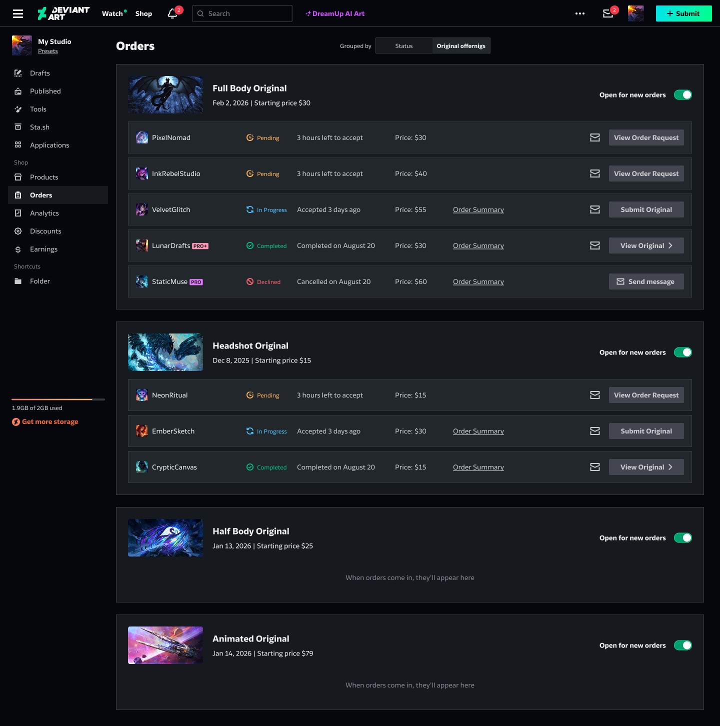 Originals order management system view, per Original offering