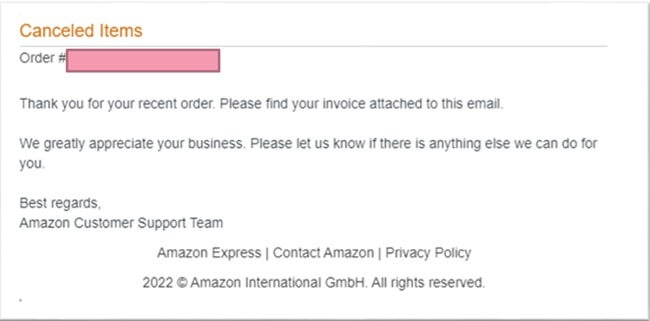 Phishing email-Amazon cancelled order