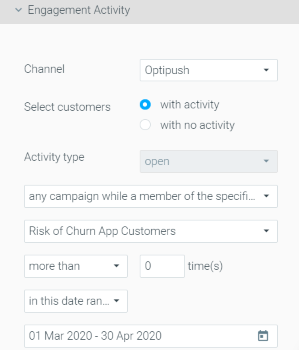 Optimove interface showing engagement activity criteria for customers who opened a push notification.