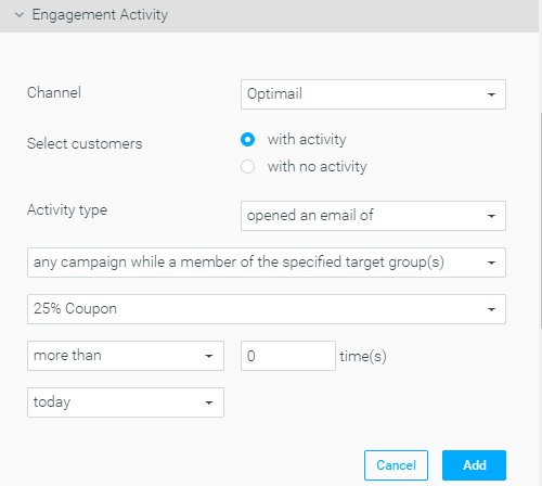 Example of criteria to target customers who opened an email today from a specific target group.